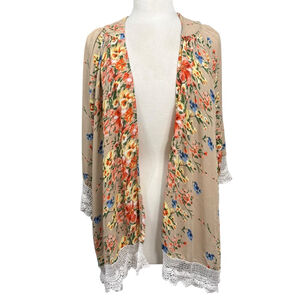 Umgee Floral Open Front Kimono Cardigan Lace Trim Boho Small Medium